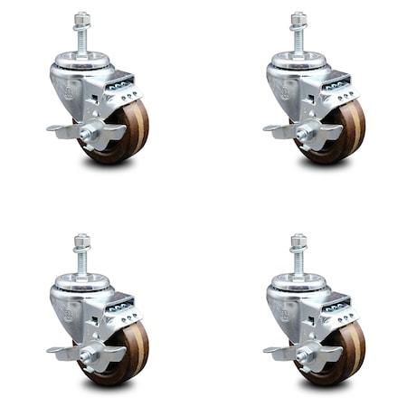 Service Caster 3 Inch High Temp Phenolic Swivel 3/8 Inch Threaded Stem Caster Set with Brake SCC-TS20S314-PHRHT-TLB-381615-4